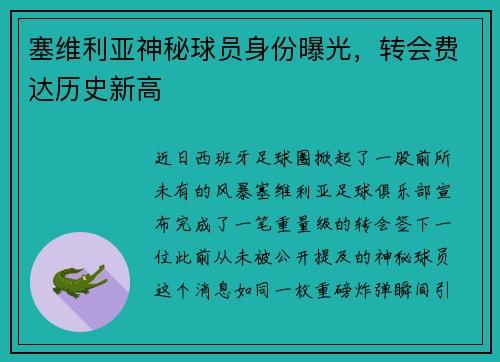塞维利亚神秘球员身份曝光，转会费达历史新高