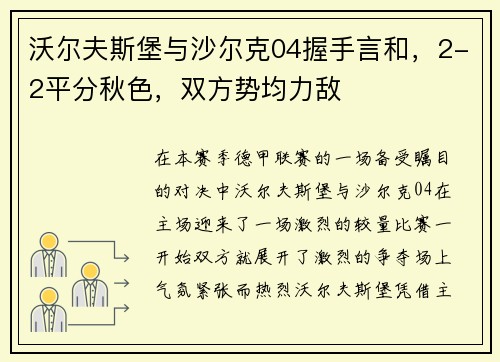 沃尔夫斯堡与沙尔克04握手言和，2-2平分秋色，双方势均力敌