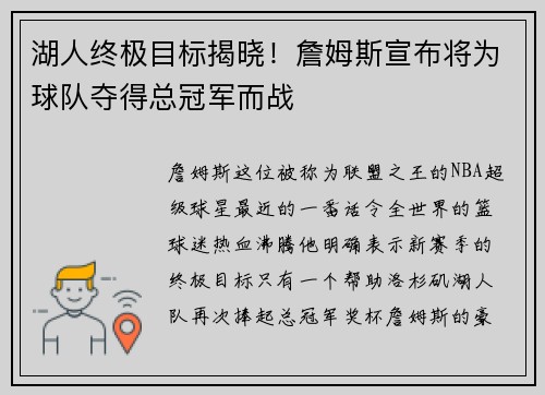 湖人终极目标揭晓！詹姆斯宣布将为球队夺得总冠军而战